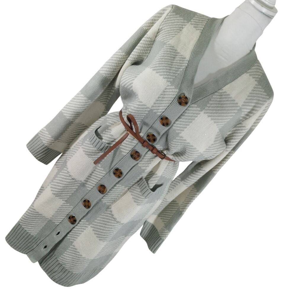 NWT! OLIVE & OAK! ASH GRAY & CREAM PLAID BUTTON FRONT BELTED SWEATER DRESS! SZ L